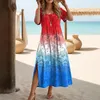Casual Dresses Women Beach Dress Bohemian Fashion Vintage Printed Midi Short Sleeve Round Neck Split Hem Boho Style Loose