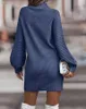 Lässige Kleider 2024 Winter Rollkragenpullover gestrickter Pullover für Frauen Chic Vintage Lantern Long Sleeve Herbst Damen sexy lose Kleid
