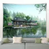 Tapissries Japanese Park Nature Landscape Tapestry River Pavilion Green Plants Flowers Chinese Style Scenery Decor Home Wall Hanging trasa