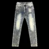 Designer de jeans masculino 2024 nova marca de moda em relevo Slim Fit Feet Small Petes High Impresso Branco Azul Long Pants 2N48