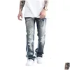 Män jeans herrar blå le bläck tvättade förstörda blossade jean byxor hip hop iti rippade denim för män streetwear vintage bred droppe leverera dh7f2