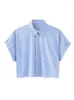 Kvinnor Bluses Girls Turn-Down Collar Short Sleeve Spring Summer White Poplin Shirts Womens 2024 Classic Style Striped Print Blue Tops