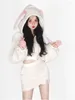 Work Dresses 2024 Spring White Kawaii 2 Piece Skirt Set Women Casual Cute Hooded Top Y2k Sweet Mini Japanese Fashion Suit