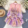 Dames basual jurken zomer runway prachtige bloem chiffon ruches mini jurk vrouwen standaard nek lantaarn mouw bloemenprint boho robe Vestidos 2024