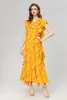 Casual Dresses Luxury Women Long Dress 2024 Spring Design Fashion Ladies Elegant Allover Ruffl Floral Party Yellow Orange Festival