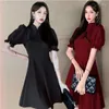 Casual jurken Fashion Puff Sleeve Bow Mini Dress for Women 2024 Zomer Solid High Taist Short Female Elegant Chic Party Cheongsam