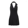 Casual Dresses Mozision Lapel Halter Mini Dress for Women Fashion Sleeveless Backless Tank Femme A-Line Bodycon Pleated