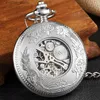 Pocket horloges zilveren gegraveerde handwind mechanische zak voor mannen vrouwen vintage steampunk fob skelet mannelijke Romeinse cijfers cadeau l240402