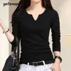 Dames t shirts eenvoud kleding klein v-neck massief kleur t-shirt 95% pure katoenen lente herfst casual slanke pullovers met lange mouwen