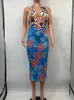 Sukienki swobodne letnie moda seksowna sukienka bodycon eleganckie damskie ubrania nadruk halter koronkowy plecak bez midi vestido