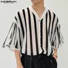 Incerun Tops 2024 Coréen Mens Mens Black Blanc White Murffon Striped Shirts Street Casual Widle V-Neck Blouse à manches moyennes S-5XL 240326