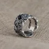 S925 Sterling Silver Vintage Thai Inlaid Black Agate Ring Men and Women Hollow Pattern Wide Couple Rings 240401