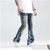 Męskie dżinsy męskie błękitne luz prasowany zniszczony rozkloszowane spodnie dżinsowe Hip Hop Iti podarte dżins dla mężczyzn streetwear vintage szeroka kropla dostarcza dh7f2