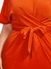 Casual Dresses Summer Women Plus Orange Round Neck Tie Front Dress Sexig BodyCon Elegant Ladies Party