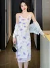 Robes décontractées 2024 Fashion coréenne Elegant Bodycon Robe Set Femmes Femmes Automne White Long Manched Cardigan Print Sling Two Piece Costumes