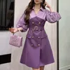 カジュアルドレスフレンチスタイルVネック通勤ダブル胸シャツの女性ドレス2024スプリングエレガントな紫色のランタンスリーブベルト