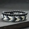 Charm armband 2st mens armband set naturligt trä Braclet handgjorda Weaven Macrame Braslet Volcanic Rock Tiger Eyes Stone Pärled Brazalete