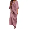 Casual Dresses Women's Summer Cotton Linen Long Dress Fashion Striped V Neck Loose Large Size Sleeve Pockets