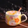 Tasses 1pc de style japonais en céramique motif de fleurs peintes à la main grande tasse de nombril
