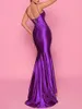 Casual Dresses Backless Lace Up Front Slit Satin Dress Evening Prom Party Summer Wedding Bridesmaids Gown Purple Sleeveless