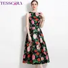 Casual Dresses Tesscara Women Elegant Tank Dress High Quality Floral Cocktail Party Robe Femme Vintage A-Line Designer Formellt tillfälle