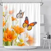 Douchegordijnen Leerbloemvlinder Oranje witte bloemenplant Twee vlinders badkamer decor Waterdicht polyester gordijn