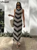 Casual Dresses Vhiaut Striped Sticked Sexy BodyCon Tassels Off Axel Sleeveless Long Dress Women Fashion Elegant Beach Party 2024