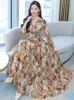 Casual Dresses Women Spring Autumn Midi Dress Beach Floral Chiffon Robe Chic Elegant Evening For Party Korean Fashion 2024 Maxi