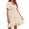 Casual Dresses Women's V-Neck Dress Comfortable Smocked Short Sleeved Dot Swing Flowy Ruffle Hem Beach Summer Robes Longues