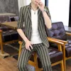 Herenpakken (Blazer Pants) Fashion Business Stripes Meeting Bread Mid-Sleeve Half-mouw Gentleman Slim Fit Work Wedding Pak