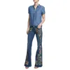 Jeans femininos Bordados de flores vintage Bordado de flores finas moda calças de jeans casuais versáteis da cintura