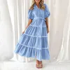 Casual Dresses Women's Button Down Shirt Dress Summer Fashion Short Puffy Sleeve Tiered Ruffle Flowy Long