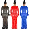 Fashion Nightclub Party Hot Diamond Women's Vêtements Mesh Perspective Sleeve Long Robe Femme F4685