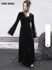 Casual Dresses UMI MAO Dark Velvet Dress Women's Lace Panel Flare Sleeves Elegant Hanging Neck Middle Length