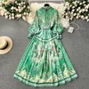 Urban Sexy Dresses 2024 Bohemian Chiffon Green Maxi Dress Women's Stand Long Lantern Sleeve Single Breasted Flower Print Belt Holiday Robe Vestidos