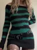 Casual Dresses Women Gothic Knitted Jumper Long Stripe Pattern Punk Ripped Hollow Knit Sweater Vintage Loose Knitwear