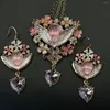 Dingle örhängen vintage dröm ängel emalj hantverk rosa blommor kristall lättnad halsband och