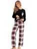 Heimkleidung Frauen Pyjama Set lange Ärmel O Hals Top Plaid Plaid Kordelzug Hosen Herbst Herbst Winter Frühling Frauen Nachtwäsche Nachtwäsche Nachtwäsche