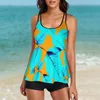 Women's Swimwear Ladies Sexy Double Shoulder Sling Print Swimsuit Boxers Tankini Split Short Sleeve Women Plus Size