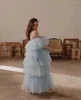 Party Dresses Pretty Light Blue Draped Tulle Long Women Birthday Off The Shoulder Ruffles Prom Dress Robe Pography