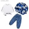 Calça as calças de dança de rua panda jeans soltos garotos desenhos animados de hip hop camisa calça folga infantil roupas de moletom de moletom conjunto de streetwear adolescente l46