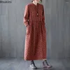 Lässige Kleider 2024 Frauen Baumwollwäsche Langes Kleid Fashion Vintage Floral bedruckt elegante A-Line-Weibchen Schnüre-up Vestidos