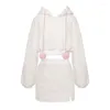 Work Dresses 2024 Spring White Kawaii 2 Piece Skirt Set Women Casual Cute Hooded Top Y2k Sweet Mini Japanese Fashion Suit