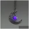 Pendant Necklaces Moon Glowing Necklace Gem Charm Jewelry Sier Plated Women 4 Colors Stone Beads Hollow Luminous Drop Delivery Pendant Dhs1G