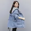 سترات النساء 2024 ربيع الخريف مقنعين جينز سترة أنثى Mmid-Length Geans Coat Coat Korean Casual Windbreaker Women Outerwear R346