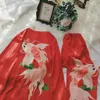 Home Clothing Red Koi Carp Clothes Wedding Bride Sleepwear 2Pcs Loungewear Long Sleeve Pyjamas Suit Animal Year Gift Casual Nightwear