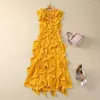 Casual Dresses Luxury Women Long Dress 2024 Spring Design Fashion Ladies Elegant Allover Ruffl Floral Party Yellow Orange Festival