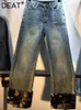 Women's Jeans High Waist Spliced Jacquard Satin Colored Embroidery Denim Ankle-Length Pants 2024 Autumn Fashion 29L3729
