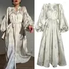 Casual Dresses French Designer Spring Satin Lantern Sleeve Long Dress Elegant Women V Neck Flower Printed Belt Loose One Piece Holiday