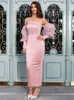 Casual Dresses Sexy Long Sleeve Strapless Mesh Patchwork Dress Women Pink Lantern Sleeves Bodycon Elegant Evening Cocktail Party